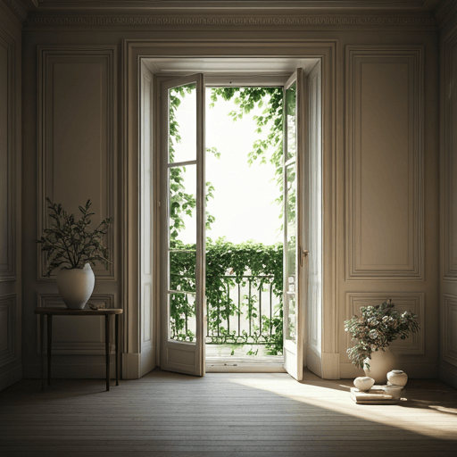 Tall French doors open onto a vine-shaded wooden balcony in golden afternoon light.