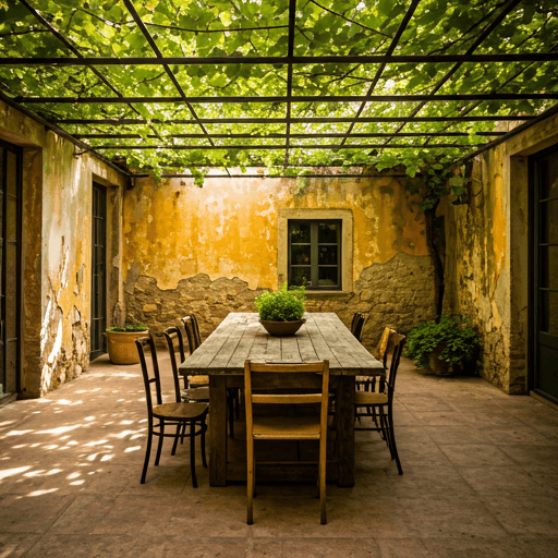 A long weathered table under a canopy of grapevines, mismatched chairs around it, golden hour light.