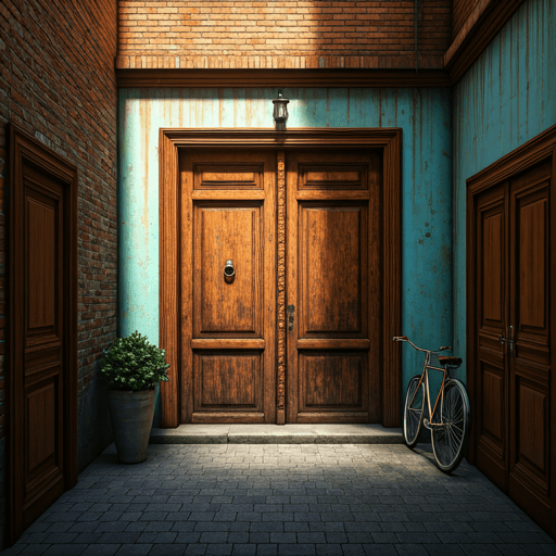 A heavy turquoise wooden door in an aged brick wall, sunlight catching dust motes.