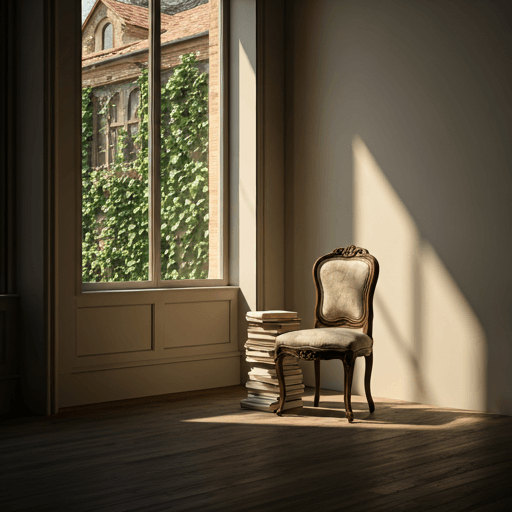 Vine-leaf shadows cast on a warm wooden floor beside an antique chair and stack of books.