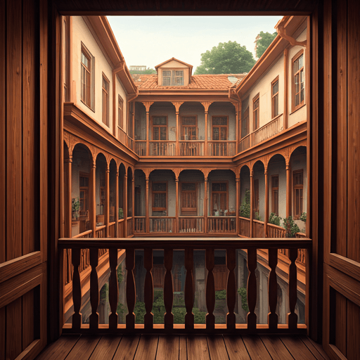 View from a wooden balcony over a multi-level Tbilisi courtyard with hanging laundry.