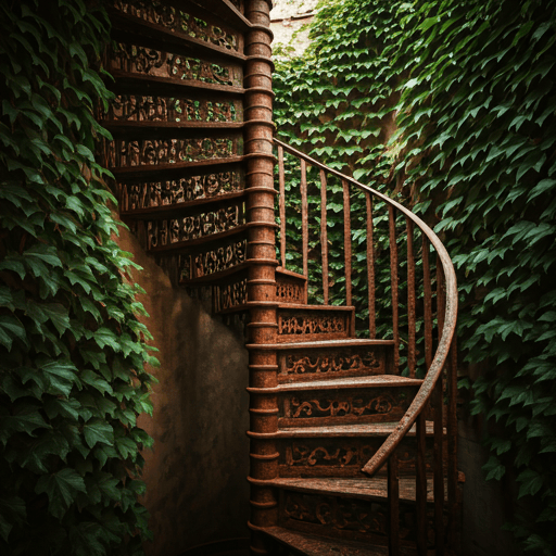 An ornate wrought-iron spiral staircase winds up through green ivy in late afternoon light.