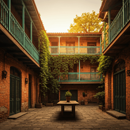 A vine-shaded Tbilisi courtyard at golden hour, carved wooden balconies, dappled light through grapevines.