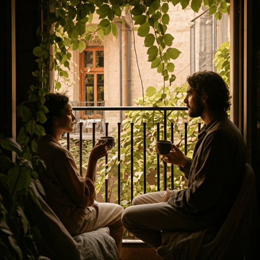 Two people in soft afternoon light sharing tea on a vine-shaded balcony.